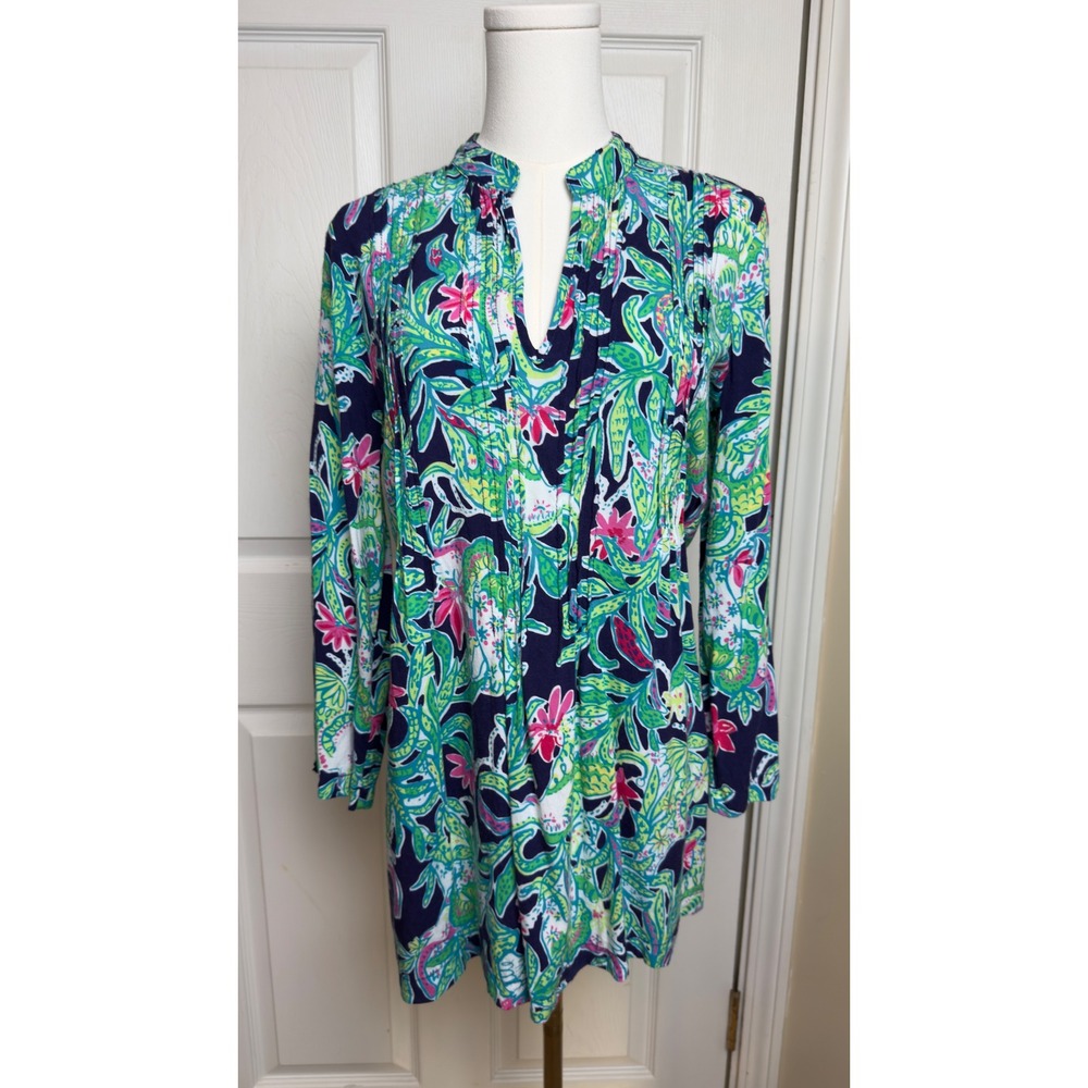 Lilly Pulitzer‎ Elsa Top Womens Small Navy Green Floral Pintuck Rayon Blouse